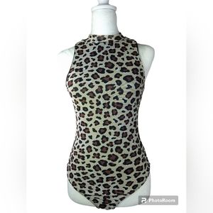 21 Saints Sleeveless Leopard Animal Print Mesh Bodysuit NWT